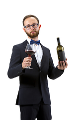 Image showing Portrait of male sommelier in suit isolated over white background