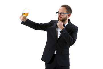 Image showing Portrait of male sommelier in suit isolated over white background