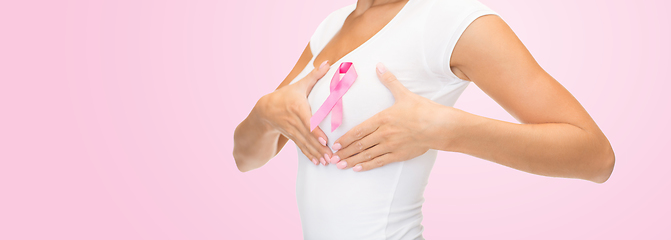 Image showing woman with pink breast cancer awareness ribbon