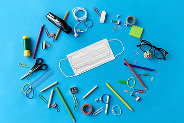 Image showing stationery or school supplies and medical mask