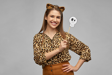 Image showing happy woman in halloween costume of leopard