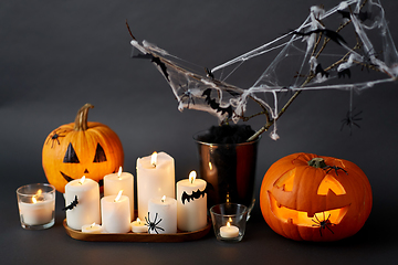 Image showing pumpkins, candles and halloween decorations