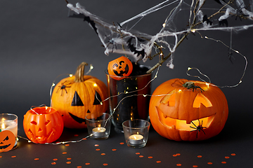 Image showing pumpkins, candles and halloween decorations