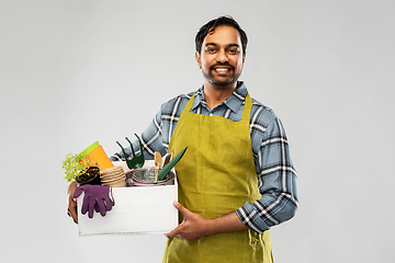 Image showing indian gardener or farmer with box of garden tools