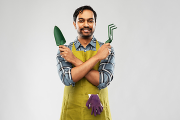 Image showing indian gardener or farmer with box of garden tools