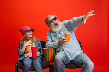 Image showing Senior man, grandfather having fun and spending time together with girl, granddaughter. Joyful elderly lifestyle concept