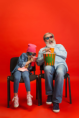 Image showing Senior man, grandfather having fun and spending time together with girl, granddaughter. Joyful elderly lifestyle concept