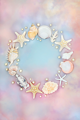 Image showing Beautiful Sea Shell Wreath on Rainbow Sky Cloud Background