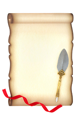 Image showing Feather Quill Pen with Old Parchment Scroll  