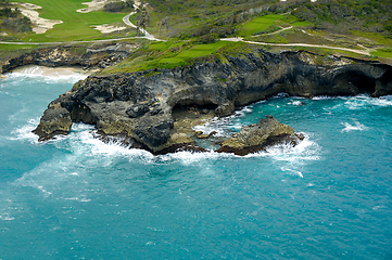 Image showing Flying above a golf course at an exotic destination