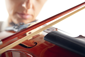 Image showing Close up woman playing violin isolated on white studio background