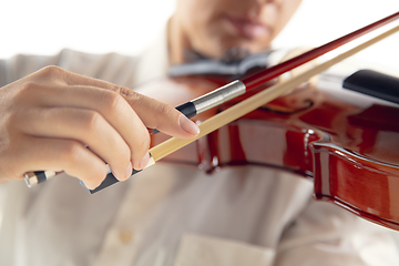 Image showing Close up woman playing violin isolated on white studio background