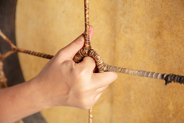 Image showing A close up of hands playing the tambourine, percussion on white studio background