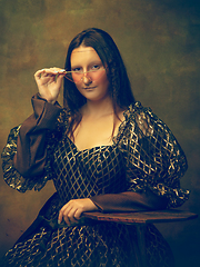 Image showing Young woman as Mona Lisa on dark background. Retro style, comparison of eras concept.