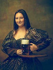 Image showing Young woman as Mona Lisa on dark background. Retro style, comparison of eras concept.