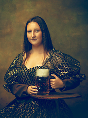 Image showing Young woman as Mona Lisa on dark background. Retro style, comparison of eras concept.