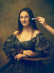 Image showing Young woman as Mona Lisa on dark background. Retro style, comparison of eras concept.