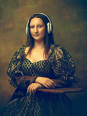 Image showing Young woman as Mona Lisa on dark background. Retro style, comparison of eras concept.