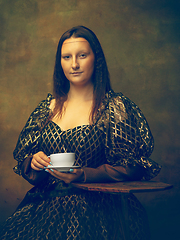 Image showing Young woman as Mona Lisa on dark background. Retro style, comparison of eras concept.