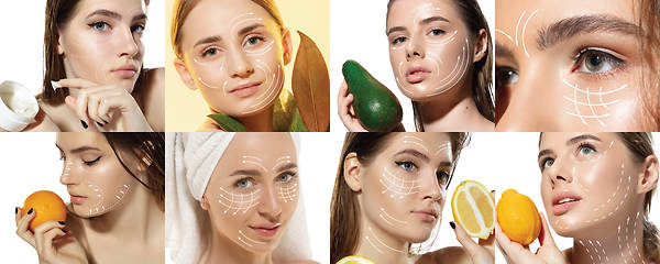 Image showing Youth secrets. Beautiful young women over white background. Cosmetics and makeup, lifting and aging concept.