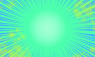 Image showing Comic book abstract template with dark rays and halftone humor effects on green radial background.