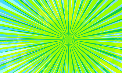 Image showing Comic book abstract template with dark rays and halftone humor effects on green radial background.