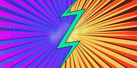 Image showing Comic book abstract template with dark rays and halftone humor effects on green radial background.