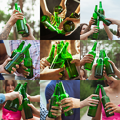 Image showing Collage of hands of young friends, colleagues during beer drinking, having fun, laughting and celebrating together. Collage, design