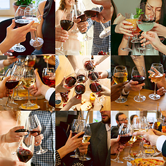 Image showing Collage of hands of young friends, colleagues during beer drinking, having fun, laughting and celebrating together. Collage, design