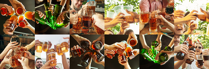 Image showing Collage of hands of young friends, colleagues during beer drinking, having fun, laughting and celebrating together. Collage, design