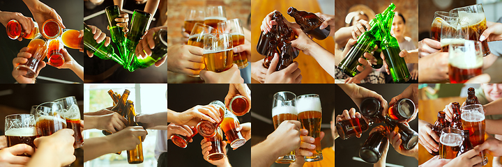 Image showing Collage of hands of young friends, colleagues during beer drinking, having fun, laughting and celebrating together. Collage, design