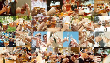 Image showing Collage of hands of young friends, colleagues during beer drinking, having fun, laughting and celebrating together. Collage, design