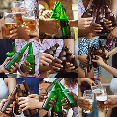 Image showing Collage of hands of young friends, colleagues during beer drinking, having fun, laughting and celebrating together. Collage, design