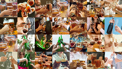 Image showing Collage of hands of young friends, colleagues during beer drinking, having fun, laughting and celebrating together. Collage, design