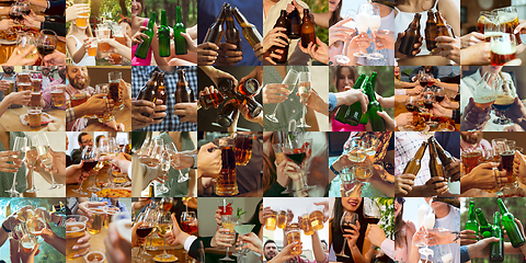 Image showing Collage of hands of young friends, colleagues during beer drinking, having fun, laughting and celebrating together. Collage, design