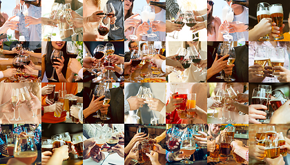 Image showing Collage of hands of young friends, colleagues during beer drinking, having fun, laughting and celebrating together. Collage, design