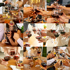 Image showing Collage of hands of young friends, colleagues during beer drinking, having fun, laughting and celebrating together. Collage, design