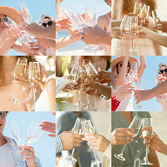 Image showing Collage of hands of young friends, colleagues during beer drinking, having fun, laughting and celebrating together. Collage, design