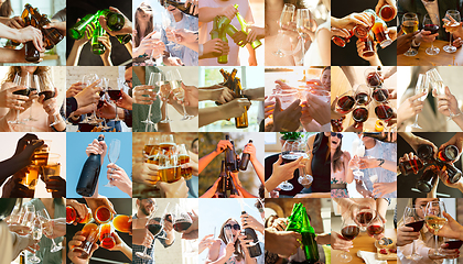 Image showing Collage of hands of young friends, colleagues during beer drinking, having fun, laughting and celebrating together. Collage, design