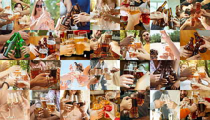 Image showing Collage of hands of young friends, colleagues during beer drinking, having fun, laughting and celebrating together. Collage, design