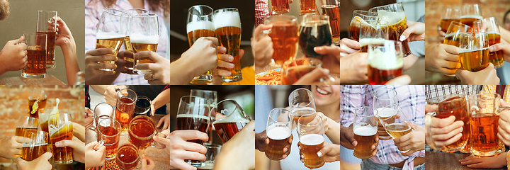 Image showing Collage of hands of young friends, colleagues during beer drinking, having fun, laughting and celebrating together. Collage, design