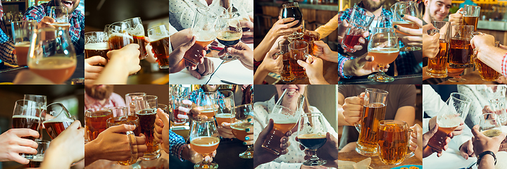 Image showing Collage of hands of young friends, colleagues during beer drinking, having fun, laughting and celebrating together. Collage, design