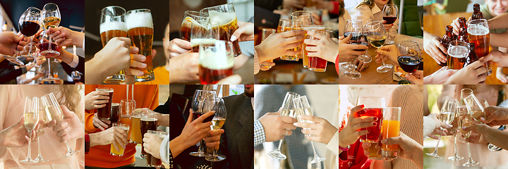 Image showing Collage of hands of young friends, colleagues during beer drinking, having fun, laughting and celebrating together. Collage, design