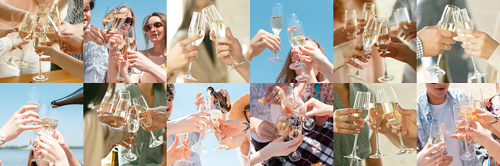 Image showing Collage of hands of young friends, colleagues during beer drinking, having fun, laughting and celebrating together. Collage, design