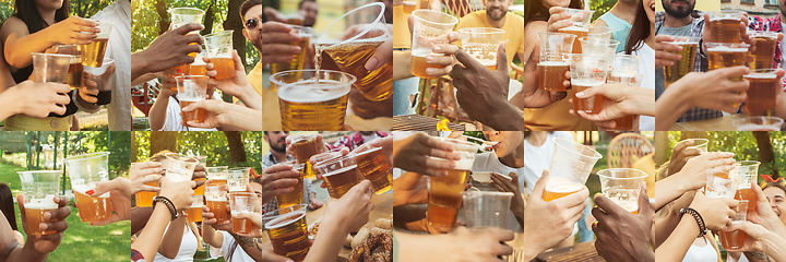 Image showing Collage of hands of young friends, colleagues during beer drinking, having fun, laughting and celebrating together. Collage, design