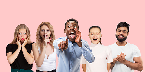 Image showing Group portrait of emotional people on coral pink studio background