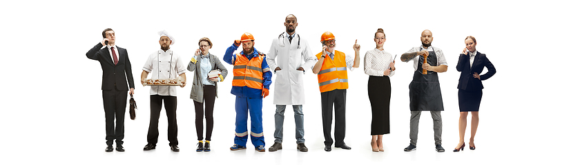 Image showing Group of people with different professions isolated on white studio background, horizontal