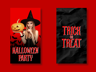 Image showing Young woman in hat as a witch on scary red background. Set of stories, vertical