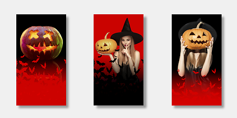 Image showing Young woman in hat as a witch on scary red background. Set of stories, vertical