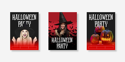 Image showing Young woman in hat as a witch on scary red background. Set of stories, vertical